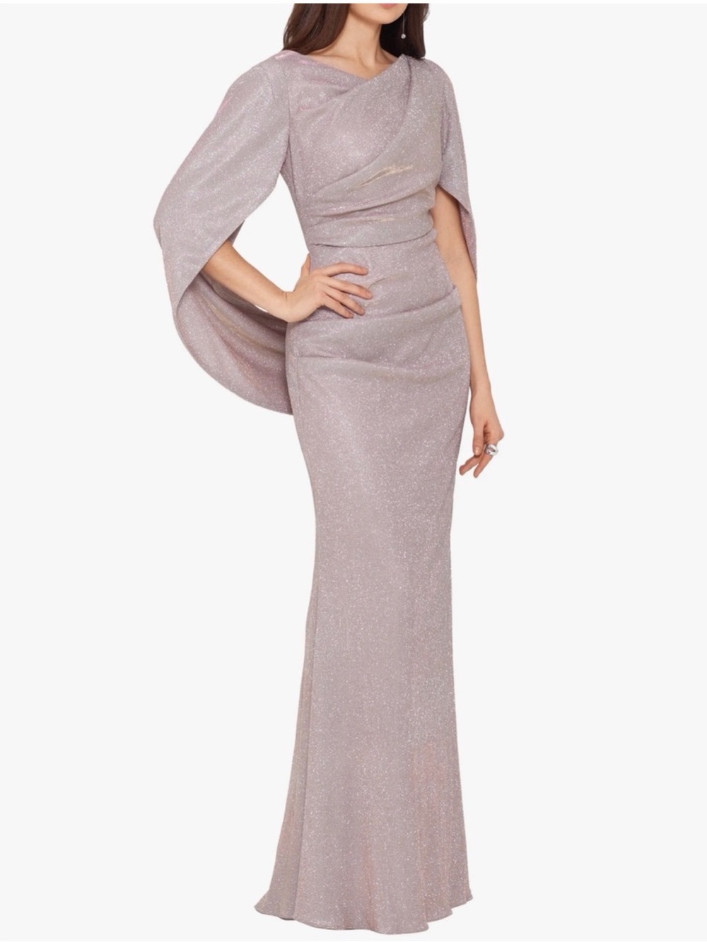 NWT Betsy & Adam Shimmering Dusty
Rose Cape-Sleeve Maxi Gown size 16